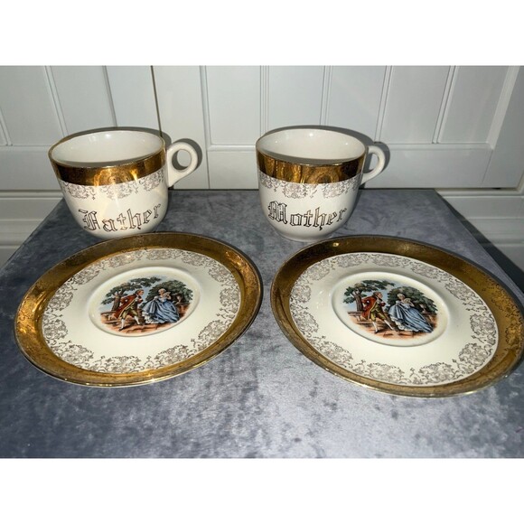 Vintage Sabin Tea Set 22K Gold Trimmed, Rare Mother & Father Cups Saucers set - Picture 2 of 6